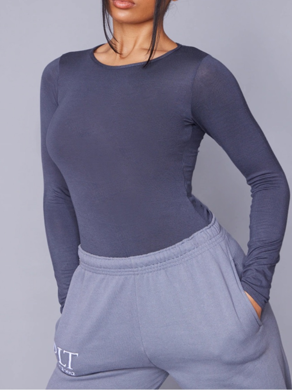 PrettyLittleThing Slate Gray Long Sleeve Bodysuit